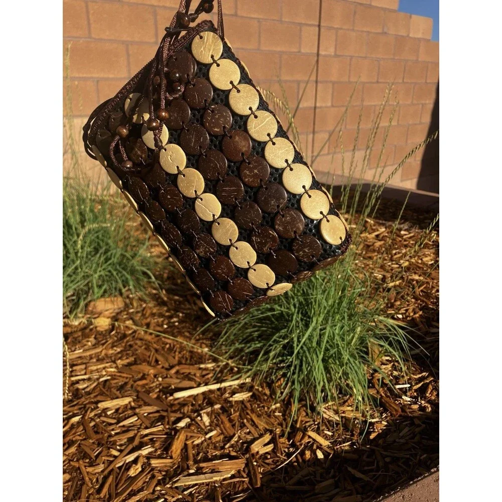7”x5” Beaded Crossbody Bag Purse Beige Brown Smooth Beads